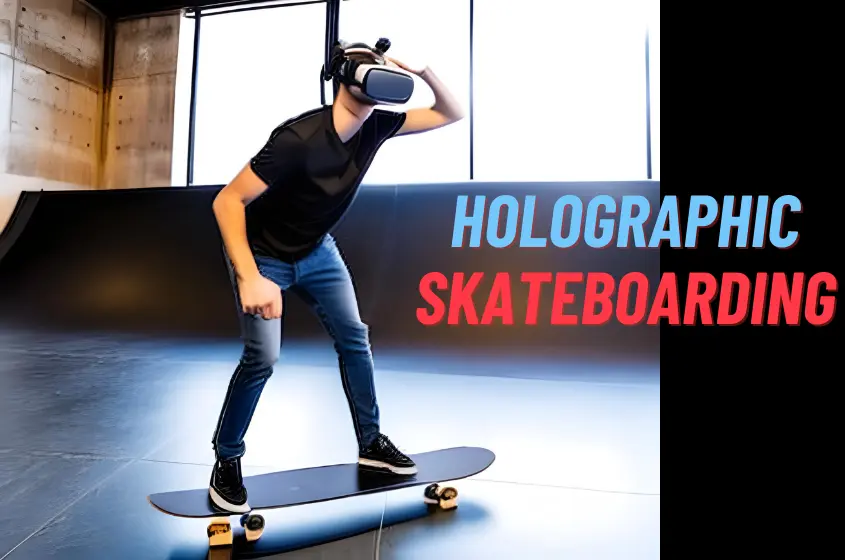 A man standing on Holographic skateboard using motion-tracking cameras to detect your movements 